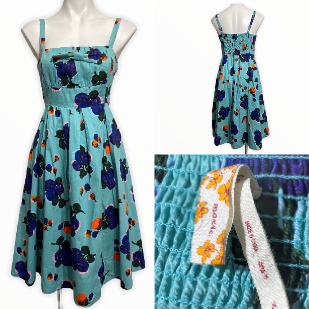 Anthropologie Aqua Floral Midi Dress with Purple & Orange Blooms
